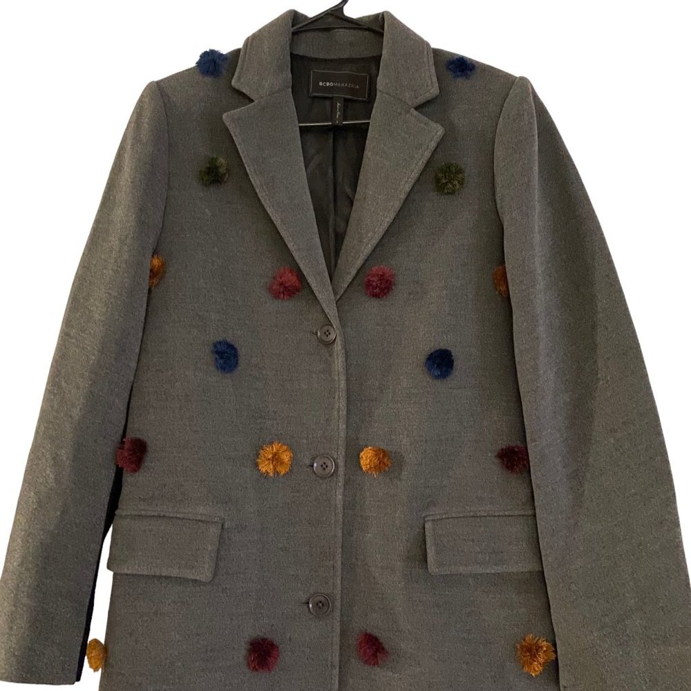 BCBGMaxazria Jaxson Pom-Pom Trench Coat S Grey and Multi Colored - Picture 4 of 5